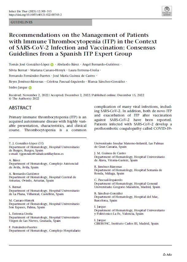 Nou article a #Docusalut Recommendations on the Management of Patients with Immune Thrombocytopenia (ITP) in the Context of SARS-CoV-2 Infection and Vaccination: Consensus Guidelines from a Spanish ITP Expert Group buff.ly/3pMPOAl @HematoHUSE #PublicaSalutIB