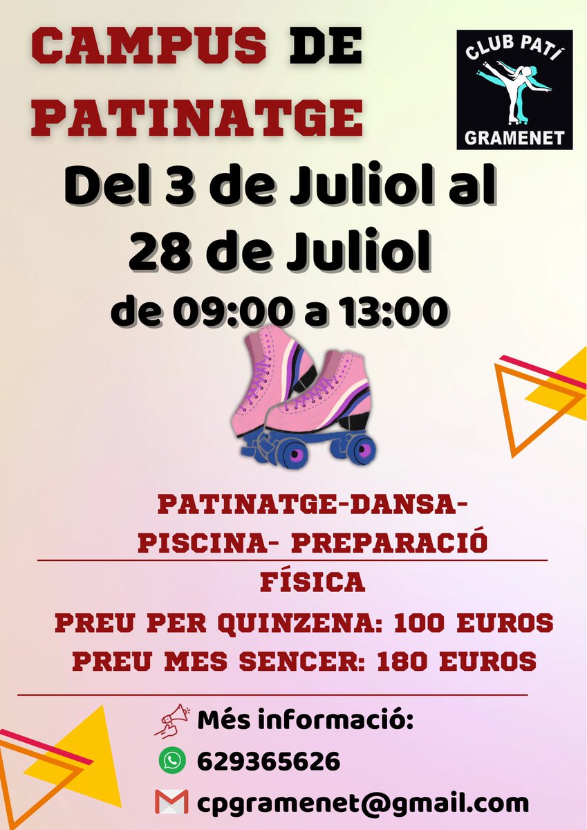 Un any més tenim el nostre Campus d’Estiu! 
 ✔️Del 3 al 28 de Juliol 
✔️de 09:00 a 13:00! 
✔️Patins, dansa, preparació física, piscina i alguna sorpresa!! 
Més informació: 
✉️ cpgramenet@gmail.com
📞629365626. 
#fesesport #femciutat #femclub