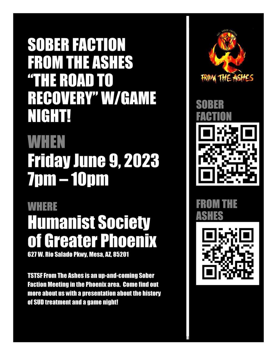 The Satanic Temple Sober Faction is proud to announce the opening of a new in-person meeting group in Phoenix, Arizona! FROM THE ASHES will host its first social event on Friday, June 9 at 7pm!