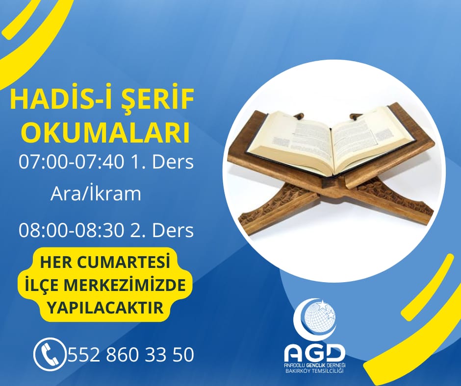 agdbakirkoy_'s tweet photo. İlçe merkezimizde her hafta Cumartesi günleri Hadis-i Şerif Okumalarımız başladı. 

📆 Her Cumartesi
⏰ 07:00-08:30
📌 Bakırköy İlçe Merkezi https://t.co/q6bRO6WBd9