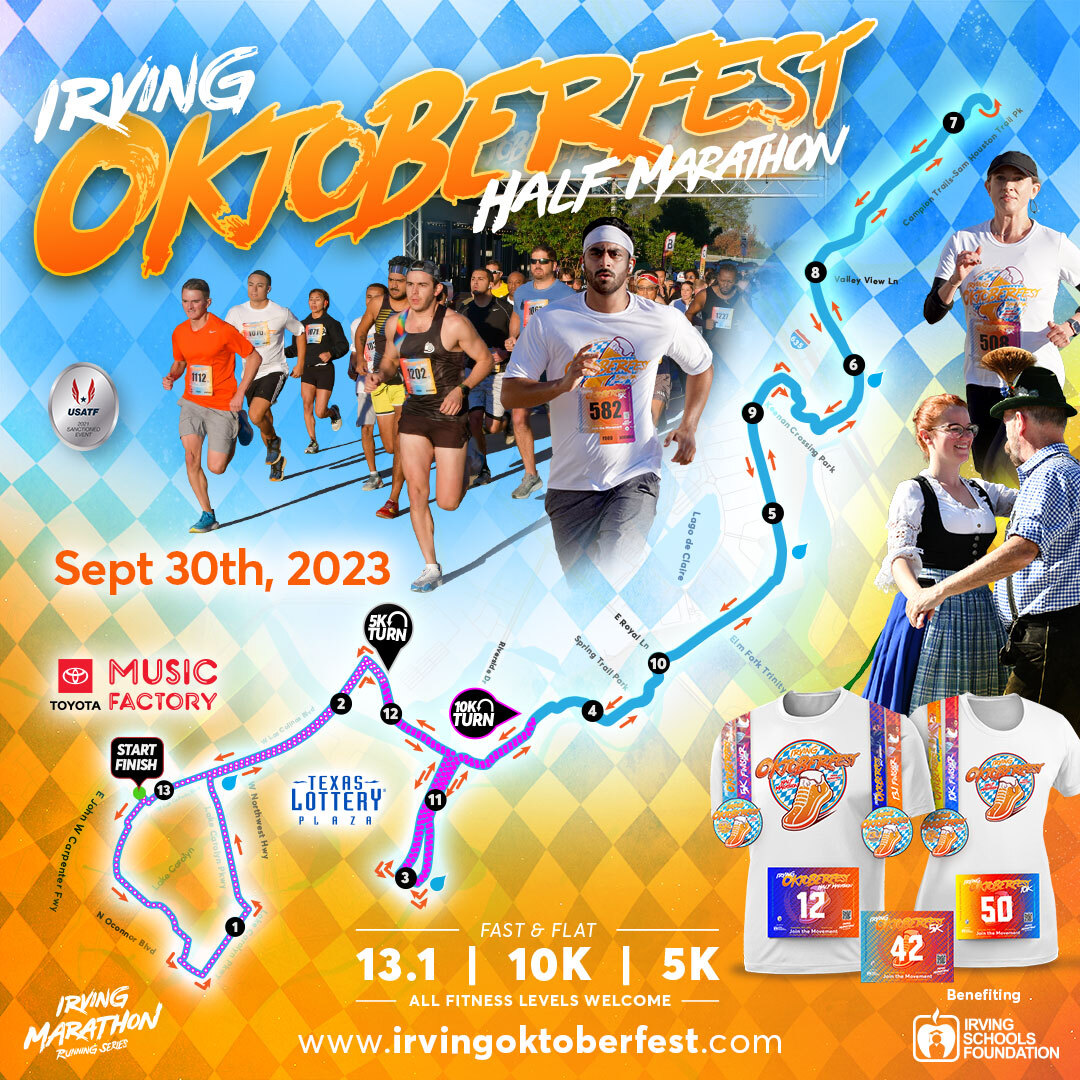 Be part of the 2023 Oktoberfest Half Marathon. Distances 👟 for all fitness levels are available! Commit today to stay active throughout the summer! Be part of the best race day experience in Texas and enjoy scenic routes, live entertainment, food, and earn awesome swag!🏅