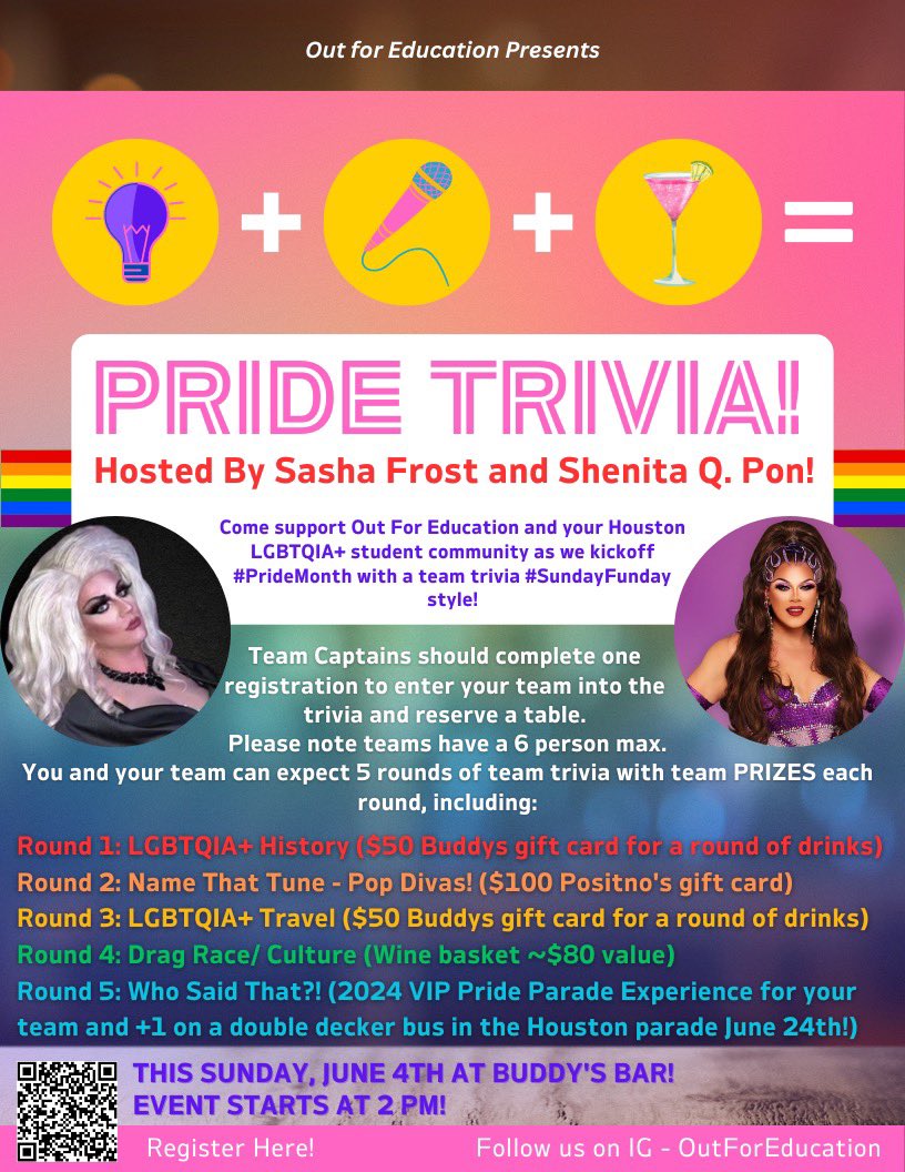 🎟️ Still available! Secure yours today for a chance to win prizes! 100% of funds earned will be used to provide scholarships to LGBTQIA+ students in Houston! 

#gayhouston #queerevents #houstonevents #lgbtq #LGBTQIA