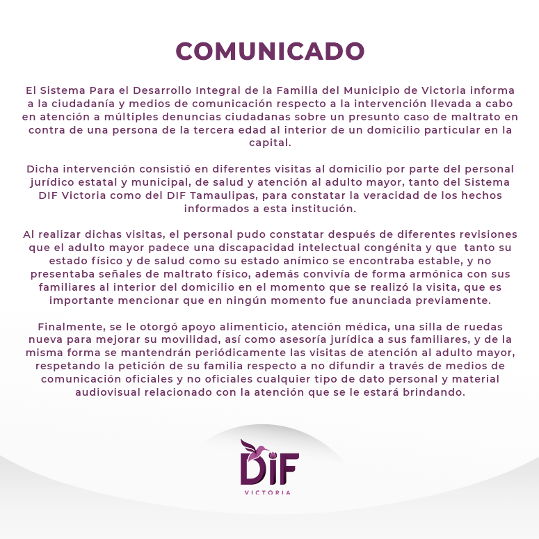 Comunicado oficial del sistema DIF Victoria
