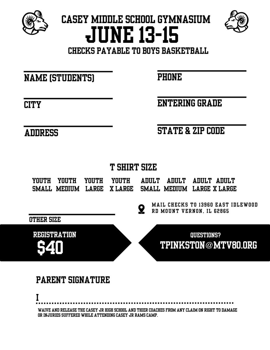 tpink32's tweet photo. Last call for sign up for Casey Jr rams camp. Calling all boys entering 3rd-8th grade. Need money and sign up sheets by next Wednesday the 7th for me to get shirts done. You can sign up after but won’t get shirt. Looking forward to it. https://t.co/wSMrN4fDJx
