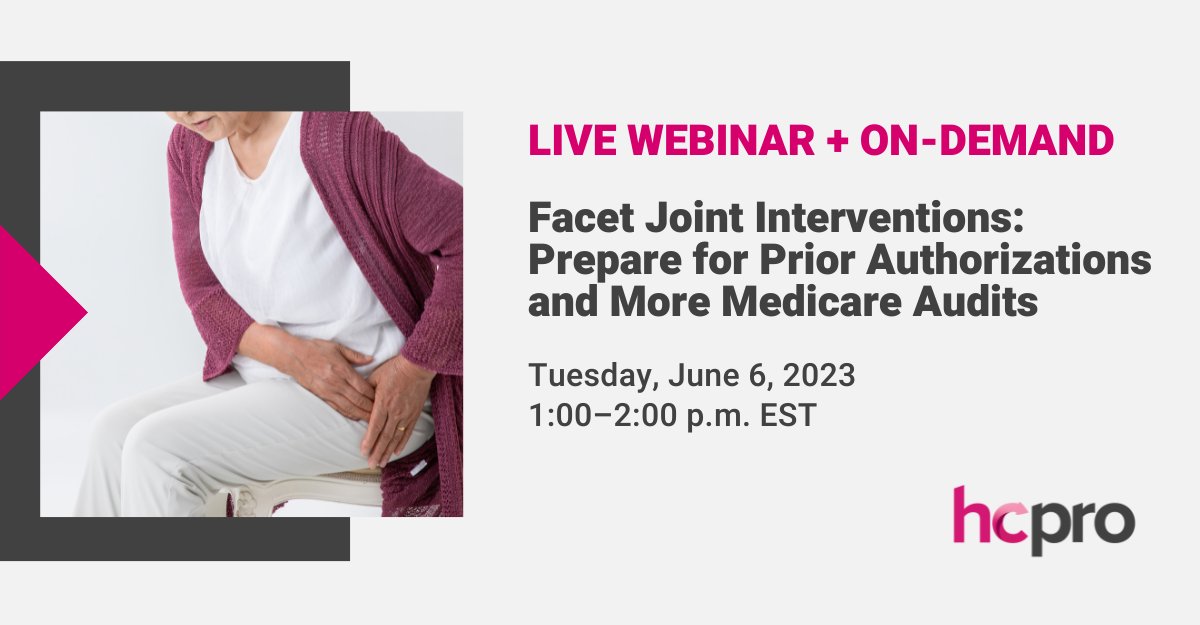 HCPro_Inc's tweet image. Effective July 1, 2023, you’ll need a prior authorization for facet joint interventions (64490–64495 and 64633–64636) performed in the outpatient setting. Register: bit.ly/3nZHA7J to learn more about other risks to your facet claims. #outpatientcoding #medicare