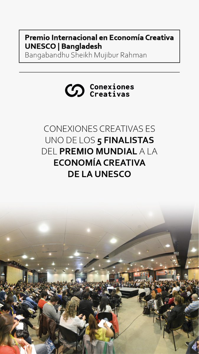 Conexiones Creativas (@cccreativas) on Twitter photo Les compartimos la máxima alegría y honor de estos 10 años:
Conexiones Creativas es una de las 5 entidades finalistas al Premio Mundial de Economía Creativa de la UNESCO🎉
❤️GRACIAS
#unesco #creatividad #cultura #economiacreativa#ConexionesCreativas #premio #10años #estrategia Les compartimos la máxima alegría y honor de estos 10 años:
Conexiones Creativas es una de las 5 entidades finalistas al Premio Mundial de Economía Creativa de la UNESCO🎉
❤️GRACIAS
#unesco #creatividad #cultura #economiacreativa#ConexionesCreativas #premio #10años #estrategia