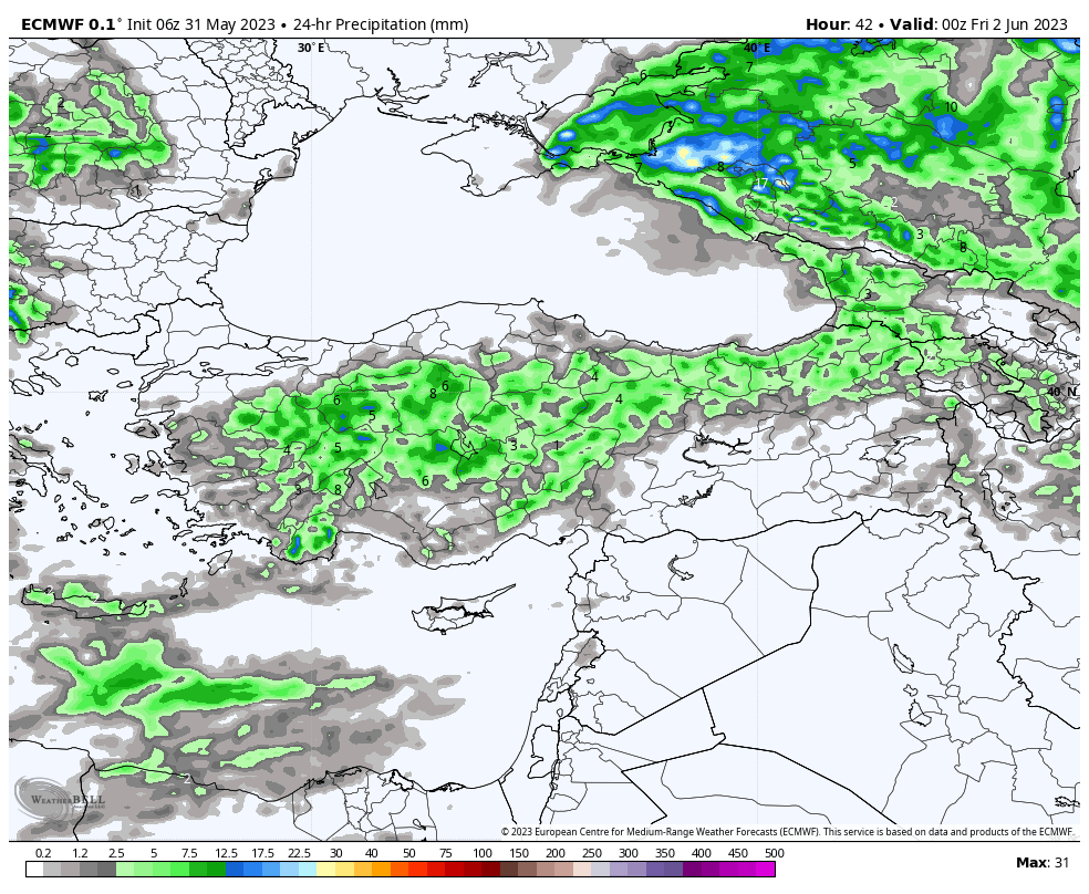 Son meteorolojik verilere göre Perşembe günü Güney Marmara karasalı-İç Ege,Batı Akdeniz (Antalya batı) dahil ,İç Anadolu,Orta ve Doğu Karadeniz iç kesimleri-Kuzeydoğu Anadolu bölgelerinde yer yer gök gürültülü sağanak yağış bekleniyor