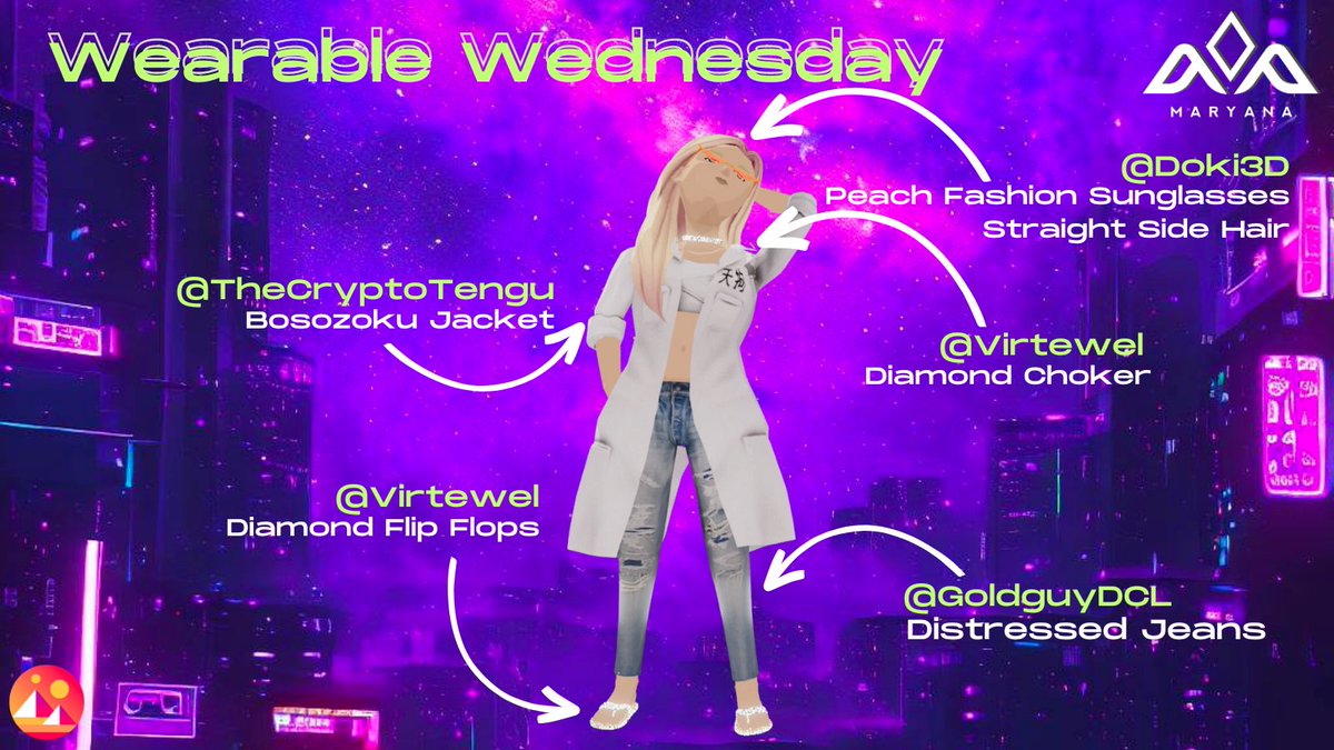 Maryana 🛡️SWC (@maryanadcl) on Twitter photo 🔥Wearable Wednesday Vibes🔥
Vibe: Streetwear & Chic
<a href="/Doki3D/">Doki 3D | Commissions Open</a> Hair & Glasses
<a href="/virtewel/">VIRTEWEL</a> Diamond Choker & Flip Flops
<a href="/TheCryptoTengu/">TheCryptoTengu</a> Jacket
<a href="/GoldGuyDCL/">TheGoldGuy.eth</a> Distressed Jeans
<a href="/CanessaDCL/">Canessa</a> Sexy Dude Emote
<a href="/decentraland/">Decentraland</a> 🔥Wearable Wednesday Vibes🔥
Vibe: Streetwear & Chic
<a href="/Doki3D/">Doki 3D | Commissions Open</a> Hair & Glasses
<a href="/virtewel/">VIRTEWEL</a> Diamond Choker & Flip Flops
<a href="/TheCryptoTengu/">TheCryptoTengu</a> Jacket
<a href="/GoldGuyDCL/">TheGoldGuy.eth</a> Distressed Jeans
<a href="/CanessaDCL/">Canessa</a> Sexy Dude Emote
<a href="/decentraland/">Decentraland</a>