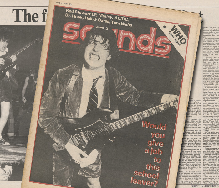 acdc's tweet photo. OTD 1976: Angus appears on the cover of the influential British music weekly Sounds. This is the band’s first cover feature outside Australia. https://t.co/ZpwGRTx5xQ