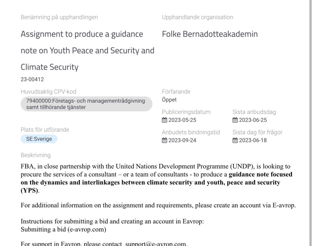 📢 Calling all experts on #YouthPeaceSecurity & #ClimateSecurity! 

@FBAFolke and @UNDP are seeking a consultant(s) to produce a guidance note on #YouthPeaceSecurity and #ClimateSecurity. 

🔗 e-avrop.com/folkebern/e-Up… 

#CallforConsultants