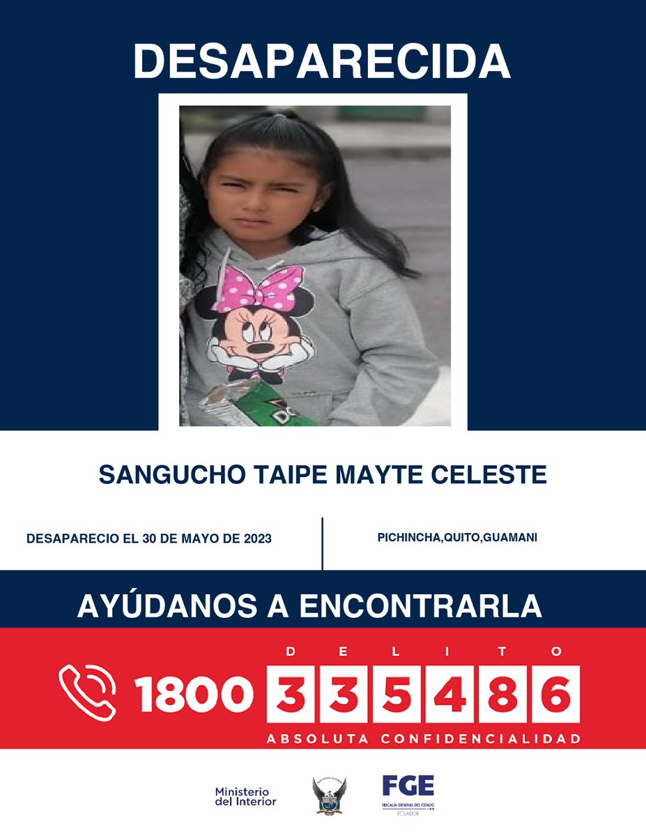 #ATENCIÓN | #Pichincha: si tienes información sobre la ubicación de la niña Mayte Celeste Sangucho Taipe, comunícate de inmediato con las autoridades. Desapareció el 30 de mayo en Guamaní, sur de #Quito.
#DesaparecidosEcuador