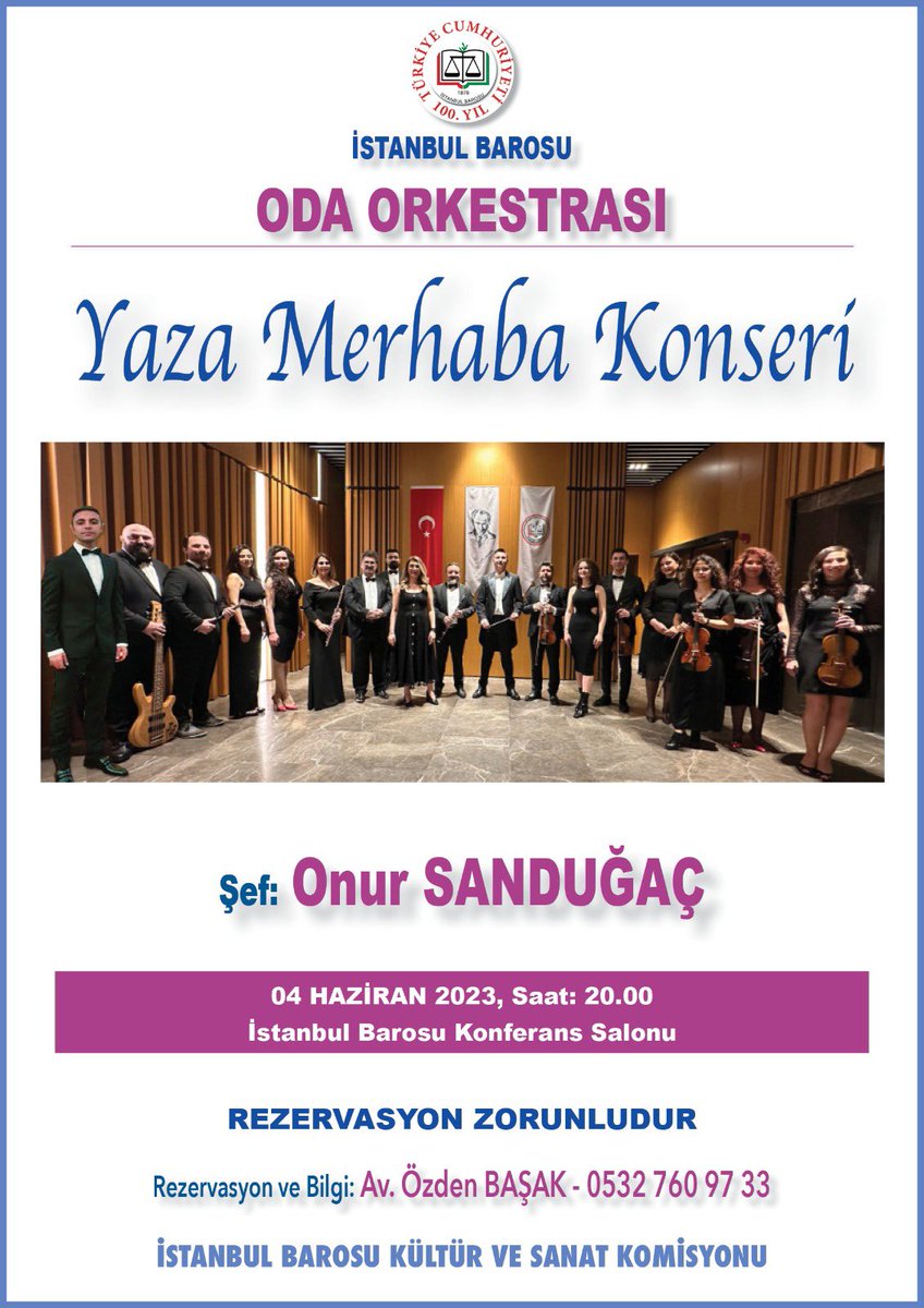 Oda Orkestrası Yaza Merhaba Konseri

İstanbul Barosu Oda Orkestrası tarafından 02 Haziran 2023 tarihinde verilmesi planlanan ‘Yaza Merhaba Konseri’, 04 Haziran 2023 Pazar günü 20.00’de icra edilecektir. 
Önceki tarih için yapılan rezervasyonlar aynen yeni tarihe aktarılmıştır.