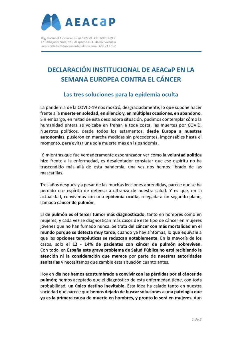 AEACaP's tweet photo. 🔵 🏛️ Se abre una nueva etapa política en España y @AEACaP está difundiendo una 'Declaración Institucional' con 3 soluciones para afrontar el #cáncerdepulmón, la #EpidemiaOculta. 

✍🏻Solicitamos la adhesión de todos las comunidades autónomas ➡️ https://t.co/8as70qGo40 https://t.co/NbJfvKX1TM