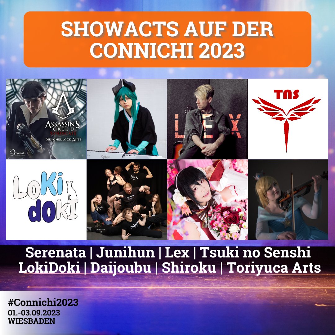Connichi's tweet photo. Von Fans für Fans ist auch das Motto auf unserer Bühne! In diesem Jahr treten die folgenden Showacts auf:
⭐ @SerenataBerlin
⭐ @Junihuhn
⭐ @alegks 
⭐ @Tsuki_no_Senshi
⭐ LokiDoki
⭐ @DaijoubuBerlin
⭐ @Shirokuchan 
⭐ @Toriyuca_arts 

Mehr Infos: https://t.co/Z3mbm26lLS https://t.co/MQRUYjMSKS