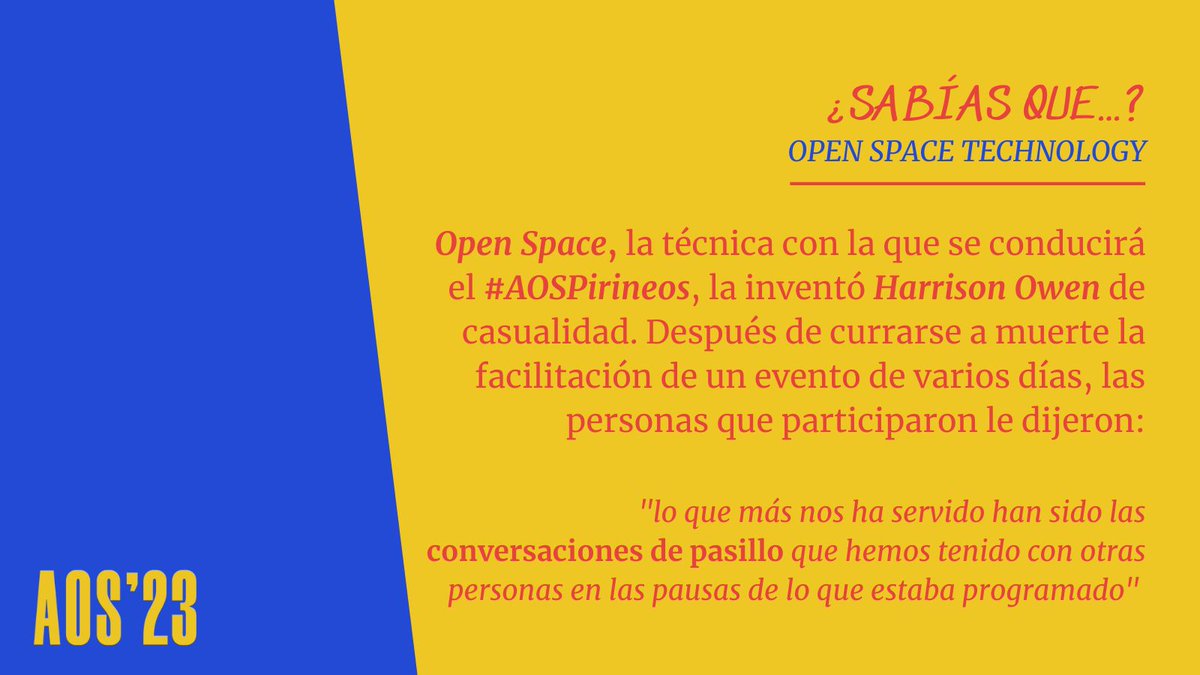 Vente al #AOS23 y podrás sentir la experiencia #OpenSpace en primera persona. Más de 100 personas, interesadas en las metodologías ágiles, compartiendo vivencias sobre #Agile alrededor de un lema:
"Mejora continua y aprendizaje" by #AOSPirineos
eventbrite.es/e/entradas-aos…