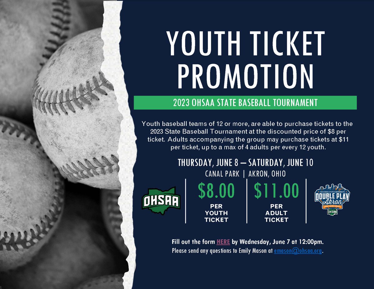 ⚾️#OHSAA BASEBALL: Youth teams and leagues are eligible to purchase discounted tickets to the state tournament at Akron's Canal Park!

1. Complete the form: docs.google.com/forms/d/e/1FAI…

2. Hometown Ticketing will provide a unique code to purchase the discounted tickets.