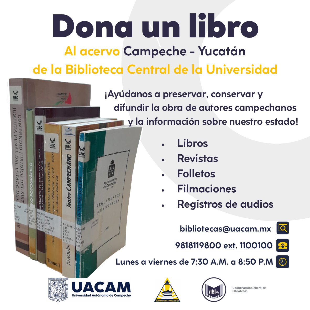 UACBiblioteca's tweet photo. 📚#Donaunlibro💖
📢Si no puedes traer tu donación a la biblioteca, indícanos a donde podemos ir por ella.
#CoordinaciónGeneraldeBibliotecas #acervocampecheyucatán #libros #revistas #folletos #filmaciones #audios #Campeche #Yucatán #UACAM https://t.co/AmECSAPljs