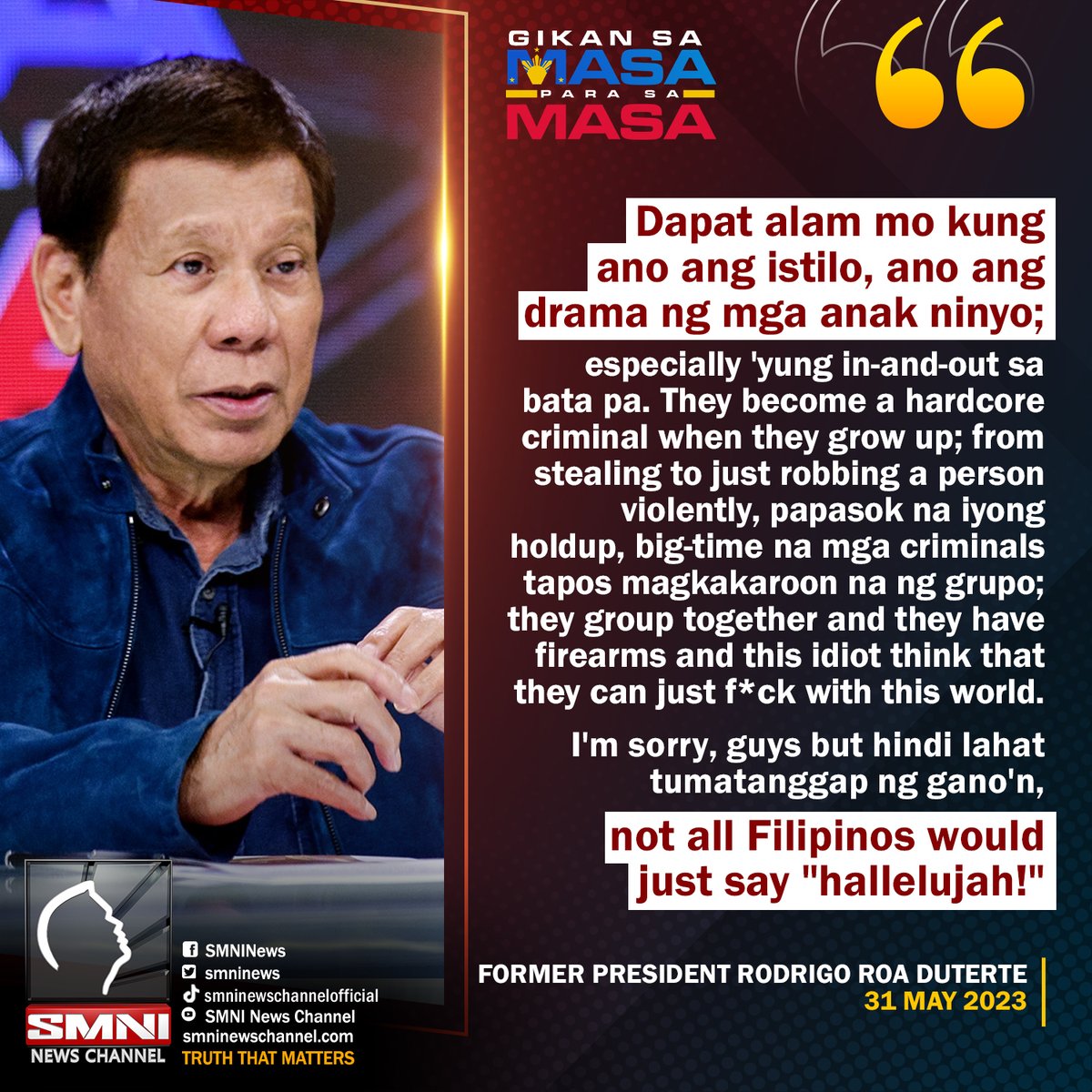smninews's tweet photo. Mensahe ni dating Pangulong Rodrigo Roa Duterte sa mga magulang

Para sa buong episode ng 'Gikan sa Masa, Para sa Masa': https://t.co/0puvEKVjMJ https://t.co/I5L7juHV1J
