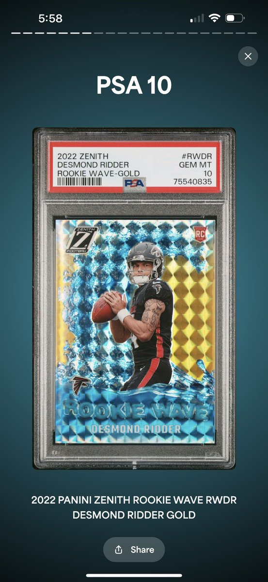 GS_SportsCards's tweet photo. 2022 Panini Zenith Desmond Ridder Rookie Wave GOLD /10 PSA 10 Gem Mint

#panini #paniniamerica #whodoyoucollect   #AtlantaFalcons #sportscards #footballcards #psagraded #psacard #PSA #thehobby  #RookieCard https://t.co/nXYYUGwbWe