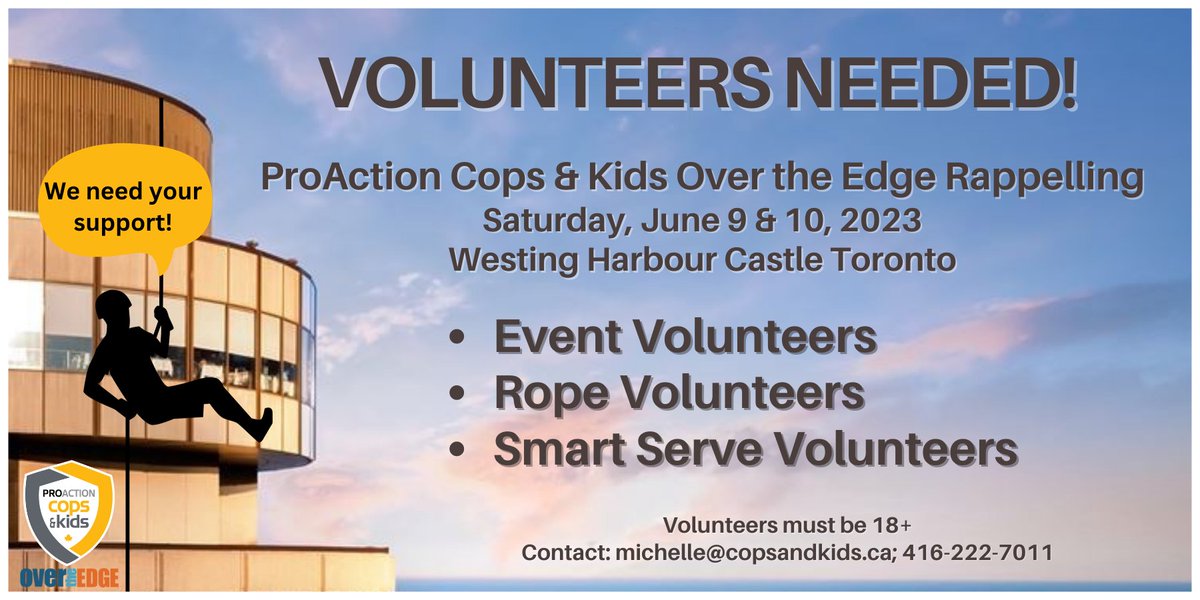 COPSandKIDSca's tweet image. Over the Edge Rappelling experience is fast approaching, and we are looking for volunteers!  Contact Michelle Marchetti at michelle@copsandkids.ca or register at the following link. Thank you! 

overtheedgeglobal.com/urban-rappelli…

#fundraisingevent #ProActionKids #charity