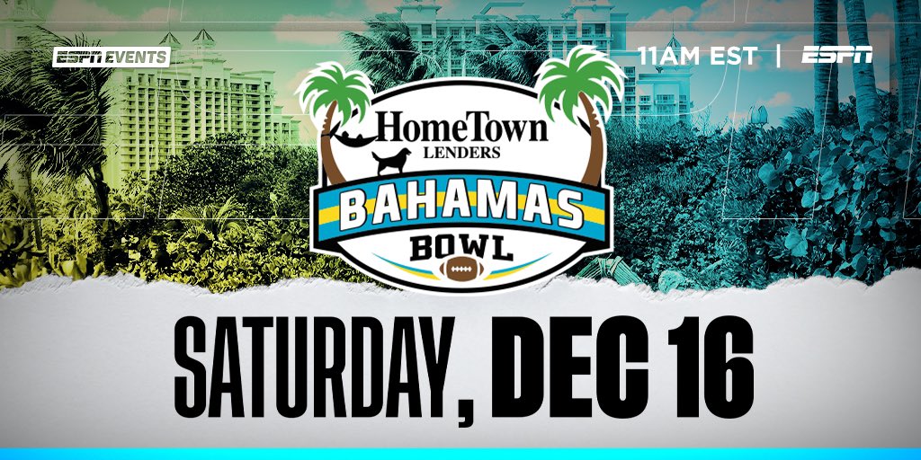 The 2023 HomeTown Lenders Bahamas Bowl will be played Saturday, Dec. 16 at 11 am ET and televised live by ESPN. bahamasbowl.com/2023-game-date…