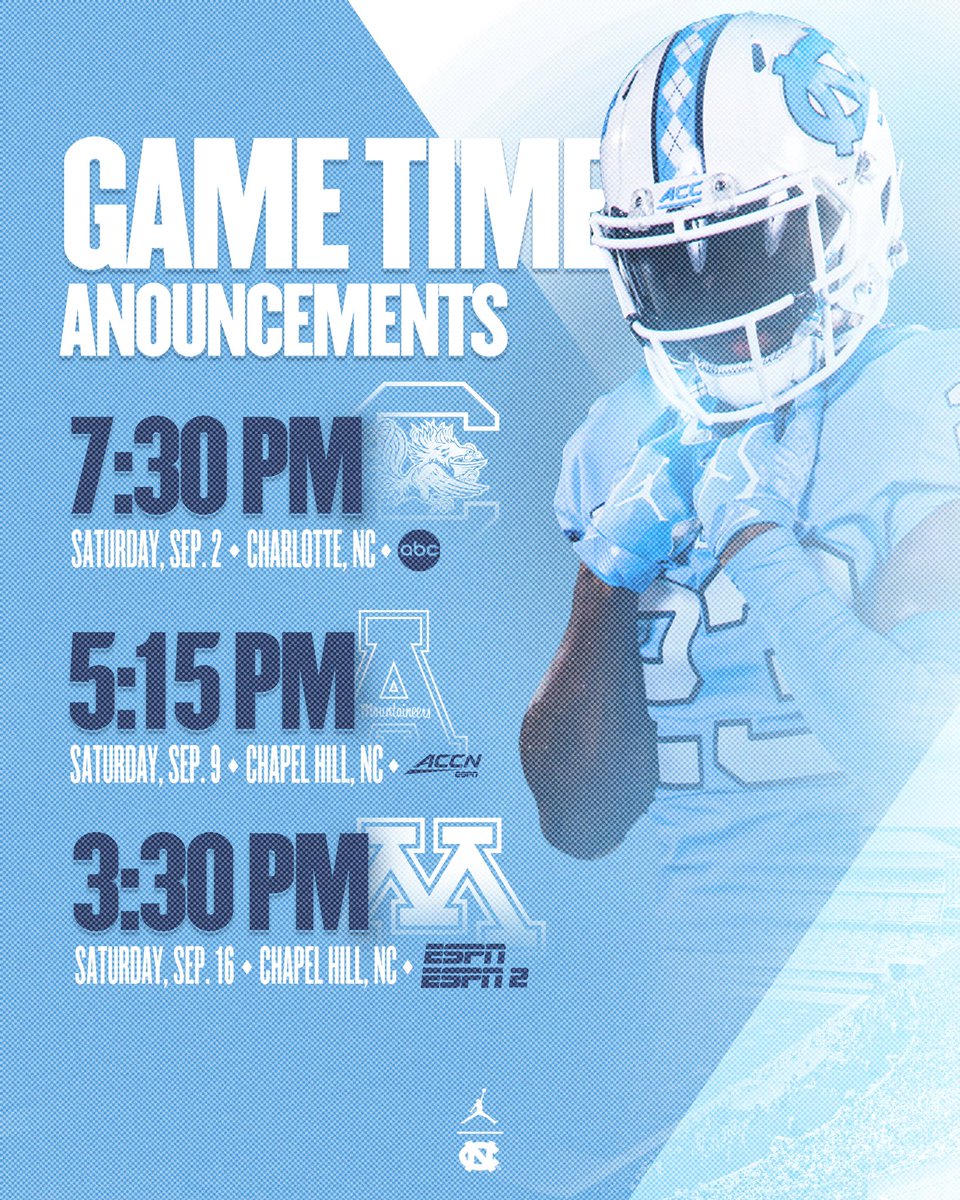 🚨 SCHEDULE UPDATE 🚨

Game times and TV for our first 3 games are here 😃

🆚 South Carolina (Charlotte)
🗓️ Sept. 2
⏰ 7:30 pm
📺 ABC

🆚 App St.
🗓️ Sept. 9
⏰ 5:15 pm
📺 ACC Network

🆚 Minnesota
🗓️ Sept. 16
⏰ 3:30 pm
📺 ESPN or ESPN2

#CarolinaFootball 🏈 #UNCommon