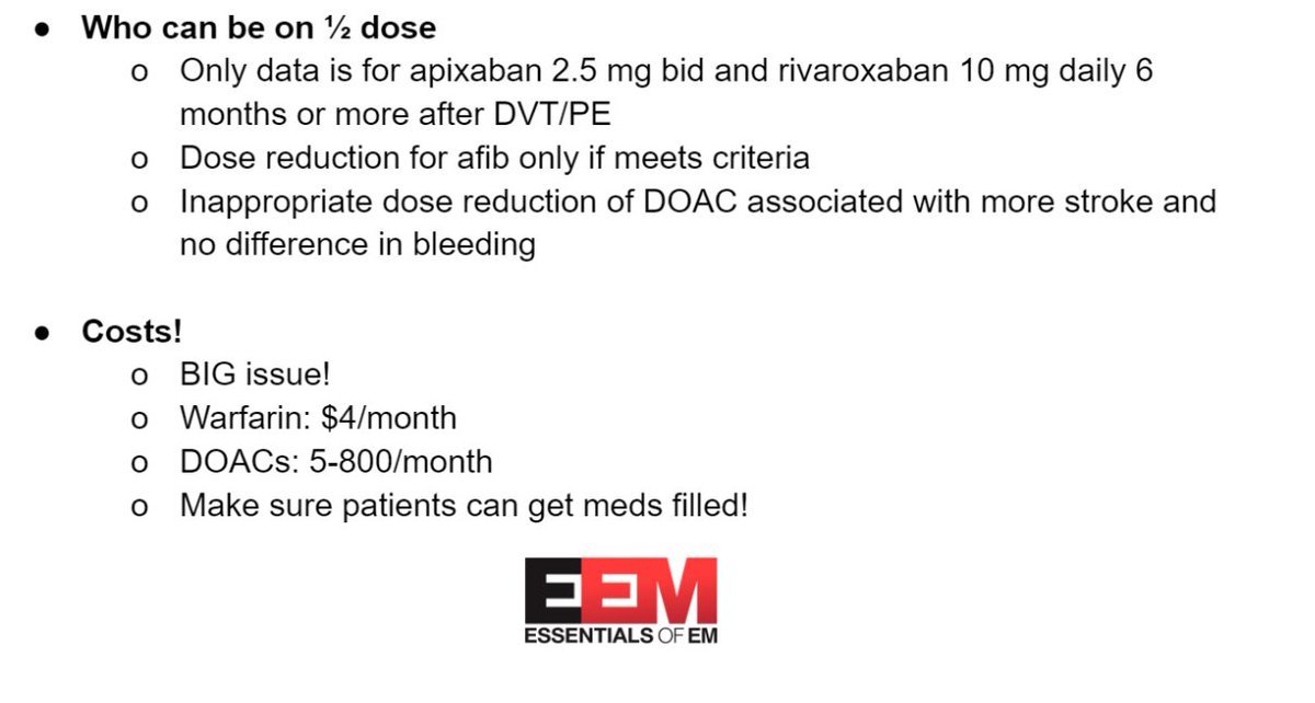 @OHSUNews’ @Bloodman on DOACs at #EEM2023

🫀Avoid use in Mechanical Heart Disease & Rheumatic Valvular Disease
🔢Data shows no difference in use on Renal Disease Patients
⚖️Use weight not BMI for Obese Patients
💰Additional Dosing & Cost information 👇🏽

#FOAMed @HippoEducation
