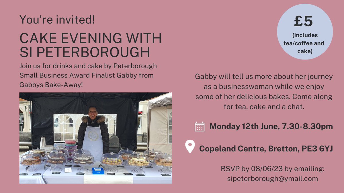 🎉 Super excited to be joined by Peterborough Small Business Award Finalist Gabby from Gabbys Bake-Away for our next meeting! Gabby will tell us more about her journey as a local businesswoman while we enjoy some of her bakes. 
#peterboroughuk #whysoroptimist #peterboroughwomen
