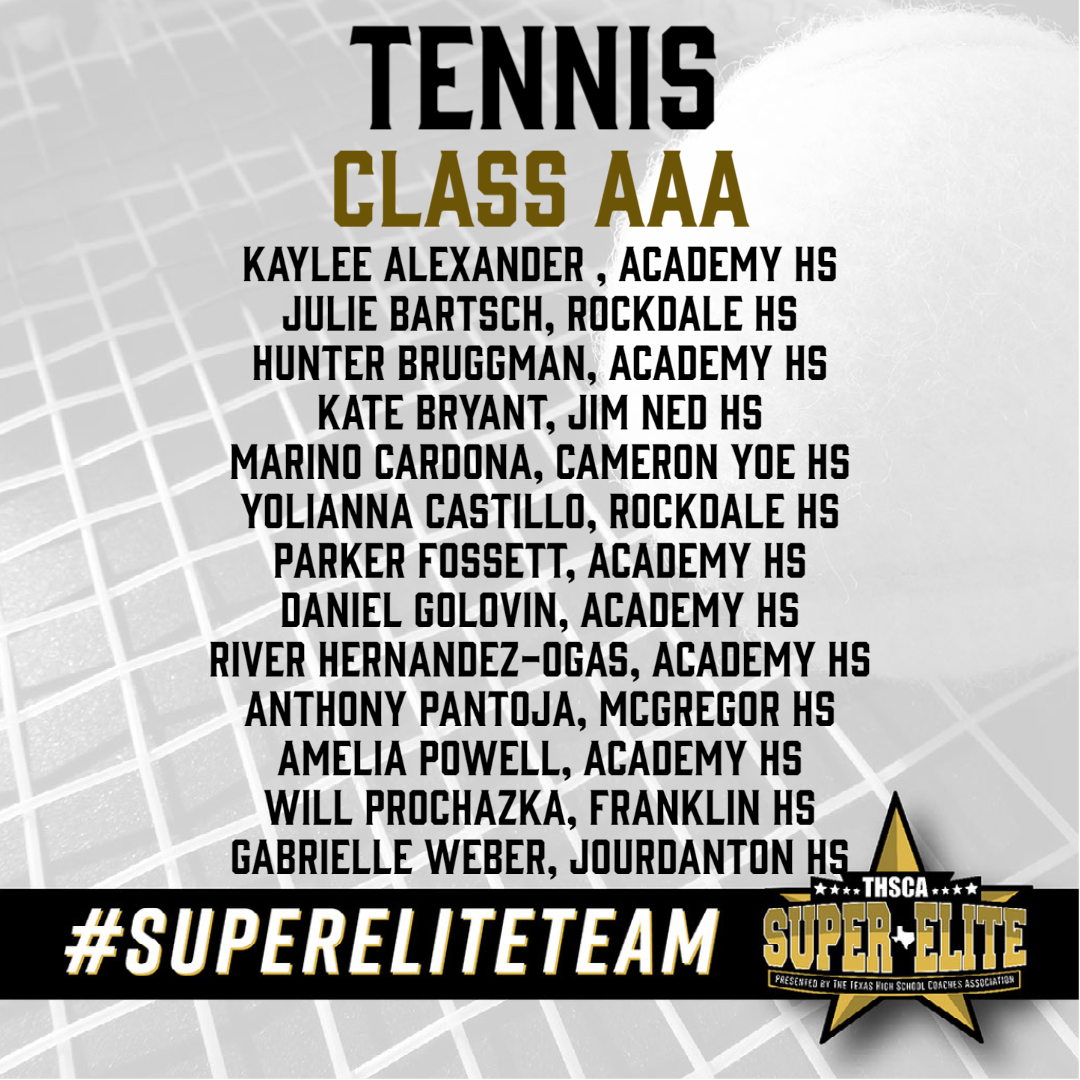Honored to announce the THSCA 3A Tennis #SuperEliteTeam! Congratulations to these athletes who excelled this season. 

👏🎾thsca.com/super-elite-te… 

<a href="/LRAcademyTennis/">Academy High School Tennis</a> @aisd_athletics  <a href="/rtxtigers/">Rockdale Tigers</a> <a href="/JNathletics/">Jim Ned Athletics</a> <a href="/JNSportsNation/">JimNed Sports Nation</a> <a href="/MHSDogs/">McGregor High School</a> <a href="/MHSTennis2/">McGregor Tennis</a> <a href="/JourdantonPride/">Jourdanton Pride</a> <a href="/JourdantonAthl1/">Jourdanton Athletics</a>
