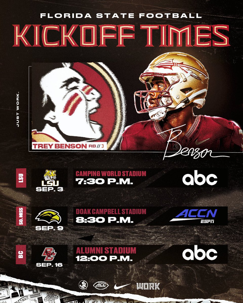 Our first three game times are set, and all will be on national television

🔗: noles.co/TVKickoffTimes

🎟️: Seminoles.com/tickets

#NoleFamily | #KeepCLIMBing