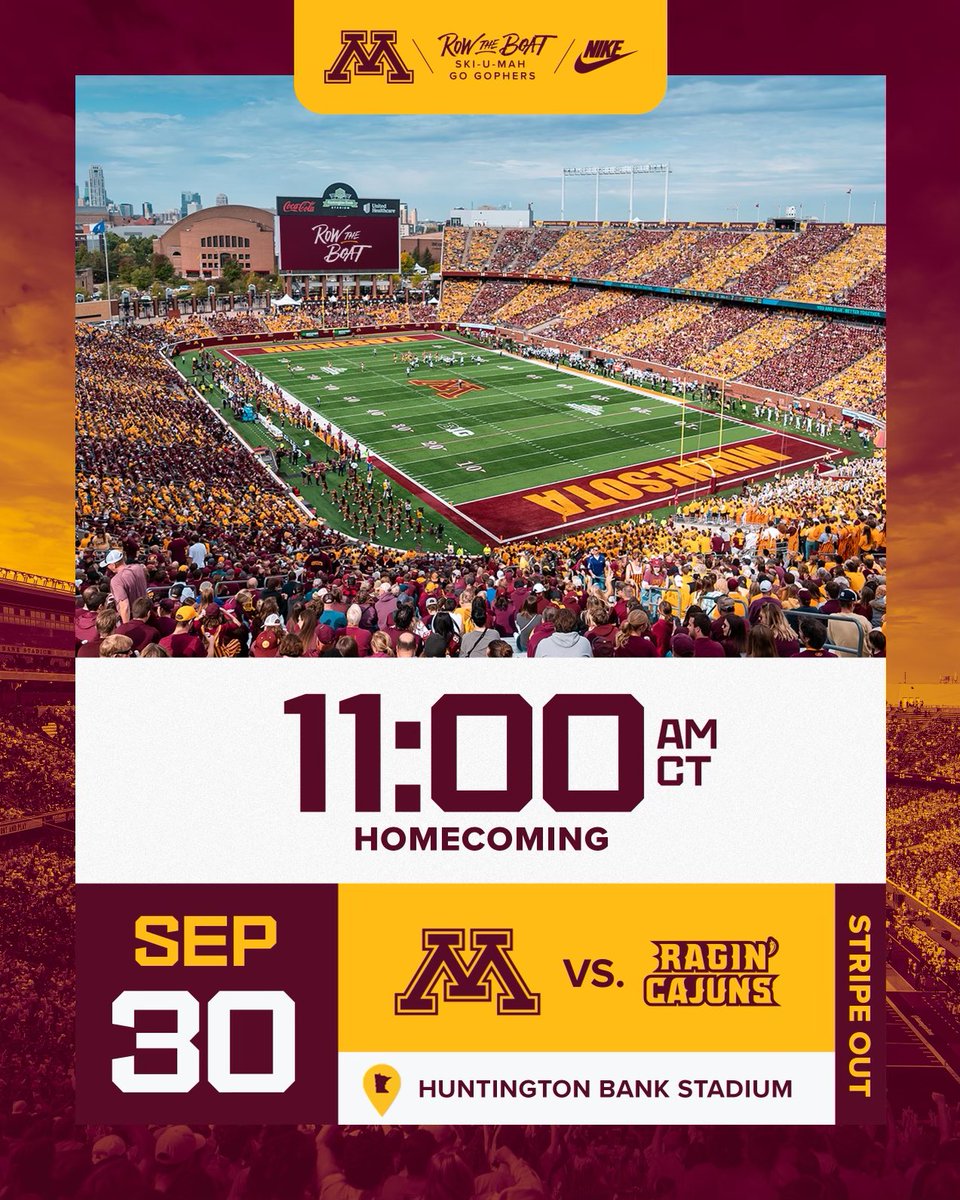 GopherFootball's tweet photo. Let’s go! 

Kick times announced for first three games of the season and Homecoming game! 

NEWS: https://t.co/rjaOuRK6wk 

#RTB #SkiUMah #Gophers https://t.co/ERK392dj60