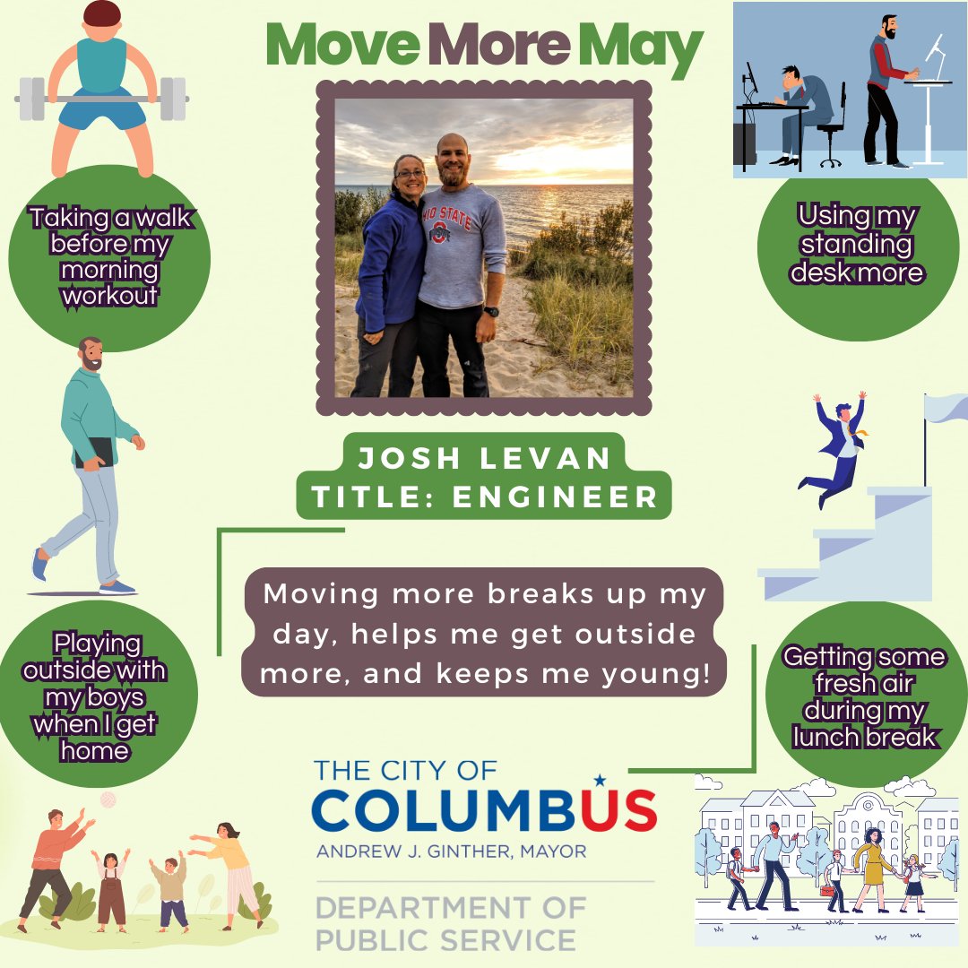 ColumbusDPS's tweet image. This week for our last #MoveMoreMay, we spotlight Josh Levan, an Engineer within the Department of Public Service! Josh says, "Moving more breaks up my day, helps me get outside more, and keeps me young!

#MoveMoreMay