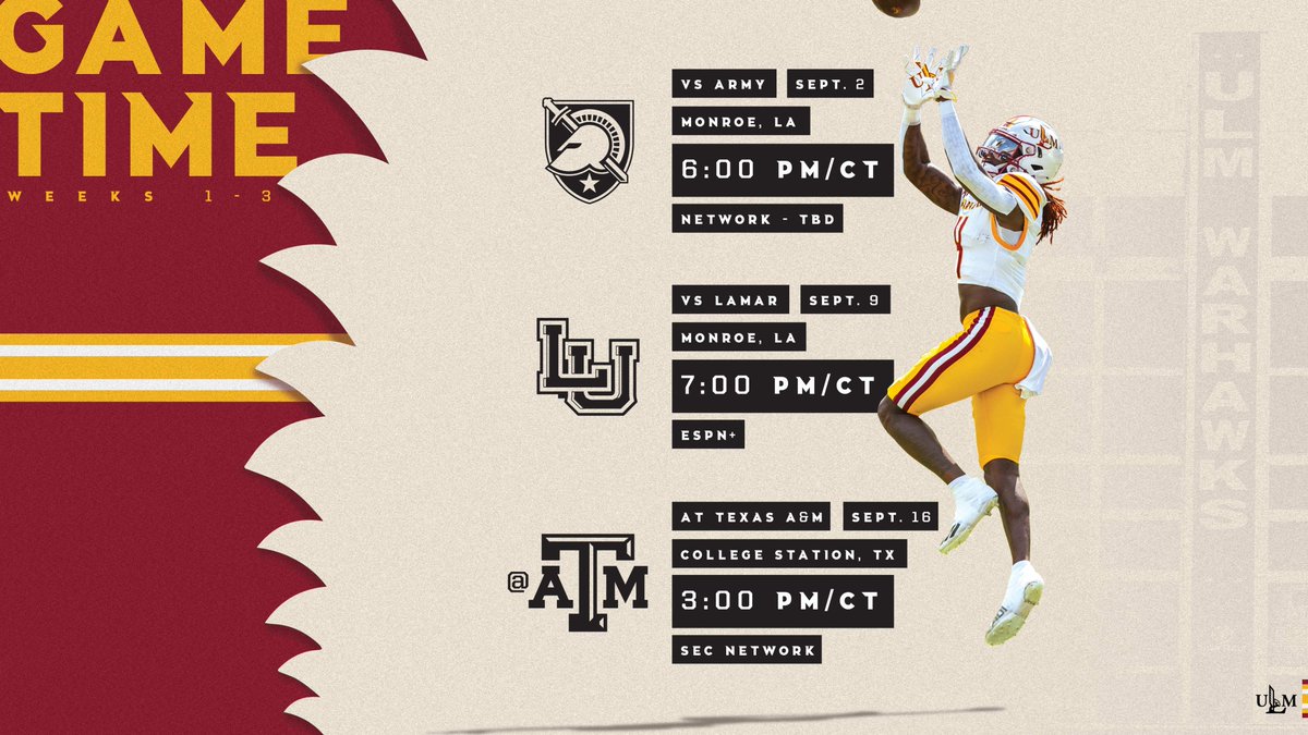 𝗚𝗮𝗺𝗲 𝗧𝗶𝗺𝗲𝘀 𝗔𝗻𝗻𝗼𝘂𝗻𝗰𝗲𝗱 𝗳𝗼𝗿 𝗙𝗶𝗿𝘀𝘁 𝟯 𝗪𝗲𝗲𝗸𝘀 𝗼𝗳 𝟮𝟬𝟮𝟯 𝗙𝗼𝗼𝘁𝗯𝗮𝗹𝗹 𝗦𝗲𝗮𝘀𝗼𝗻
#TheBestIsOnTheBayou #Oneroe #SunBeltFB