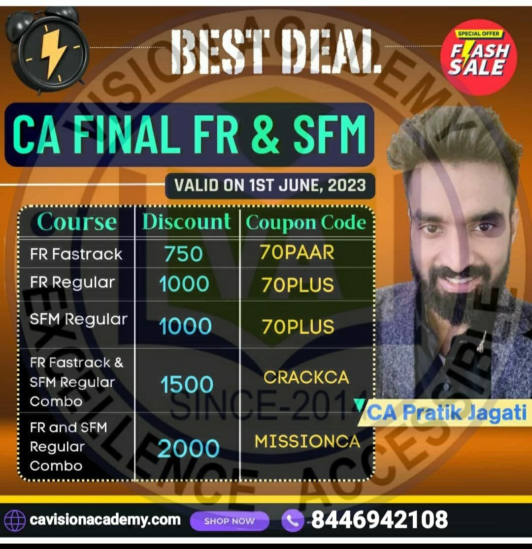 cavisionacademy's tweet photo. #BestDeal #DiscountOffer #CAFinal #FR #SFM #Regularcourse #CAPratikJagati #lowestprice
ORDER NOW - https://t.co/YS5QYxATEa
ANY QUERIES CONTACT - 8446942108 https://t.co/zTHwkSzVYF