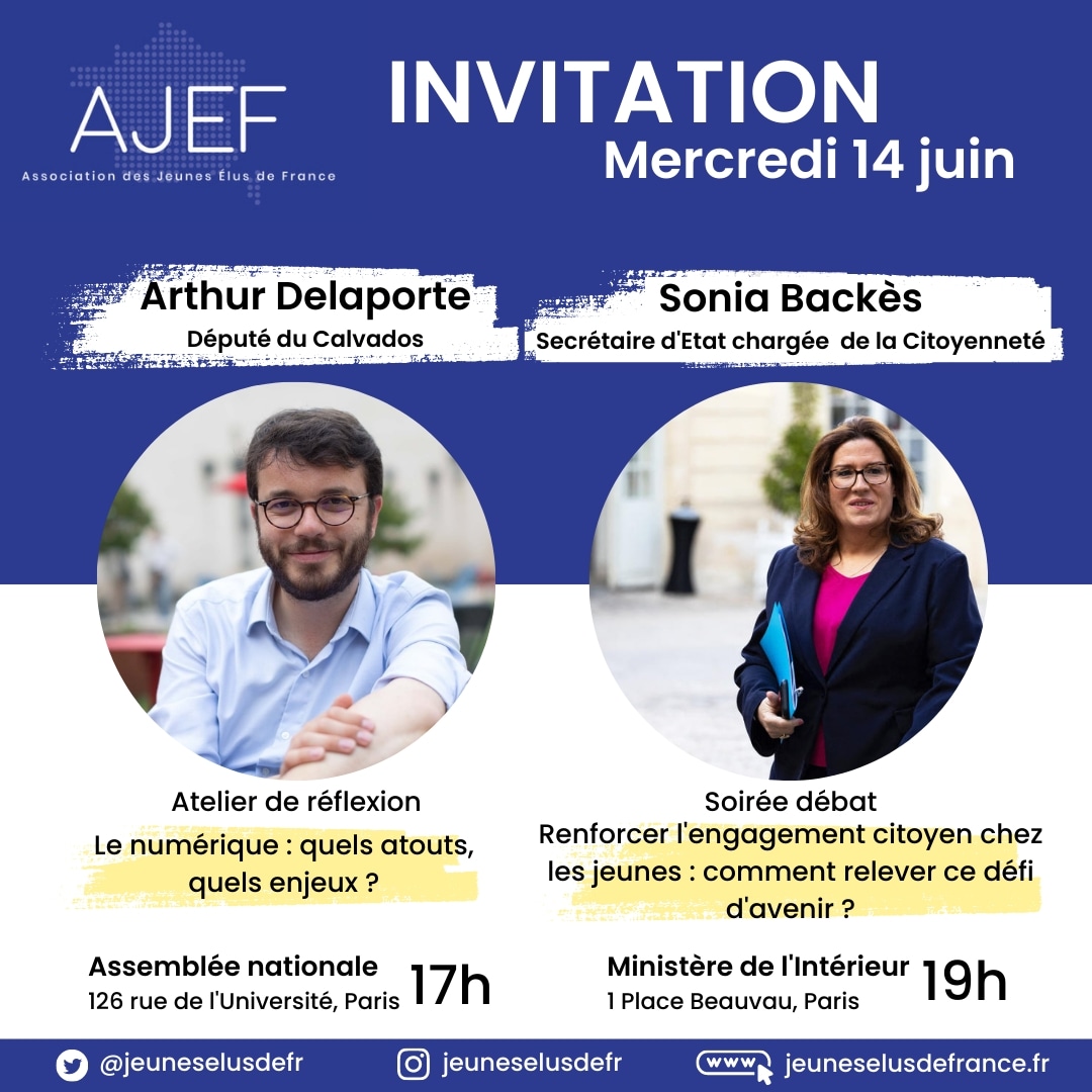 A vos agendas ! Mercredi 14 juin :
"Le numérique : quels atouts, quels enjeux ?" avec le député Arthur Delaporte, à 17h. 
"Renforcer l'engagement citoyen chez les jeunes" avec la Secrétaire d'État Sonia Backès, à 19h. 
Pour s'inscrire : …es-jeunes-elus-de-france.s2.yapla.com/fr/event-41310