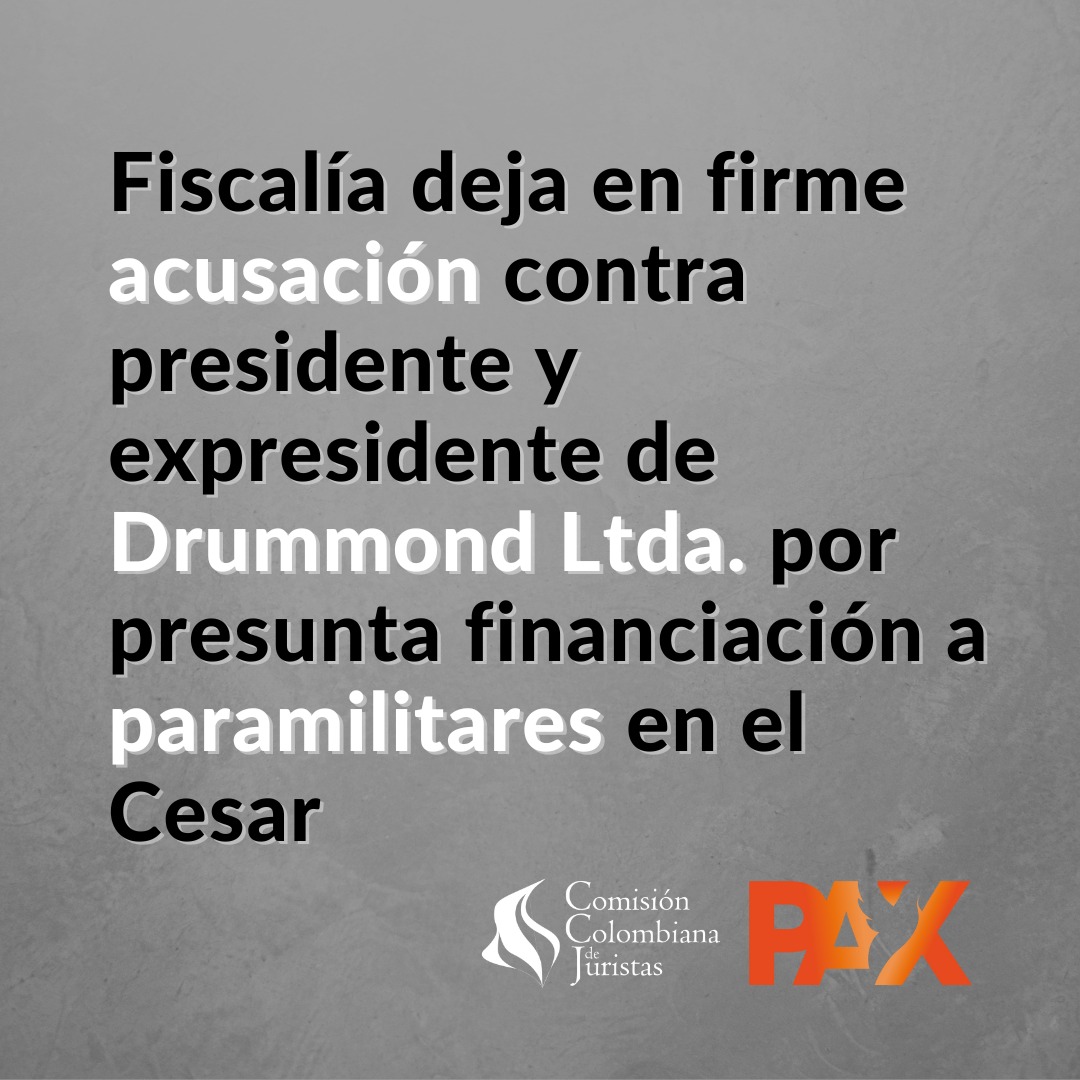 🔴José Linares Martínez y Augusto Jiménez Mejía, presidente y expresidente de Drummond Ltda., respectivamente, responderán en juicio por el delito de concierto para delinquir. La <a href="/FiscaliaCol/">Fiscalía Colombia</a> señaló que serían responsables de promover y financiar grupos paramilitares en el Cesar.