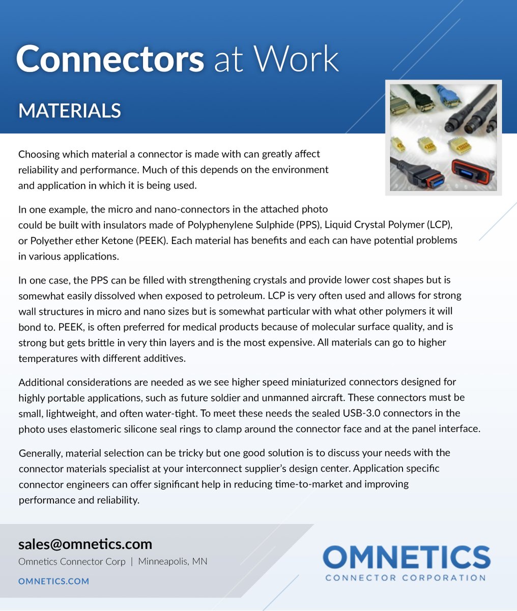 Omnetics's tweet image. Choosing which material a #connector is made with can greatly affect reliability &amp;amp; performance. Much depends on the environment &amp;amp; application in which it is being used. Here&apos;s a quick read about material considerations 👉

omnetics.com/products

#ConnectorsAtWork