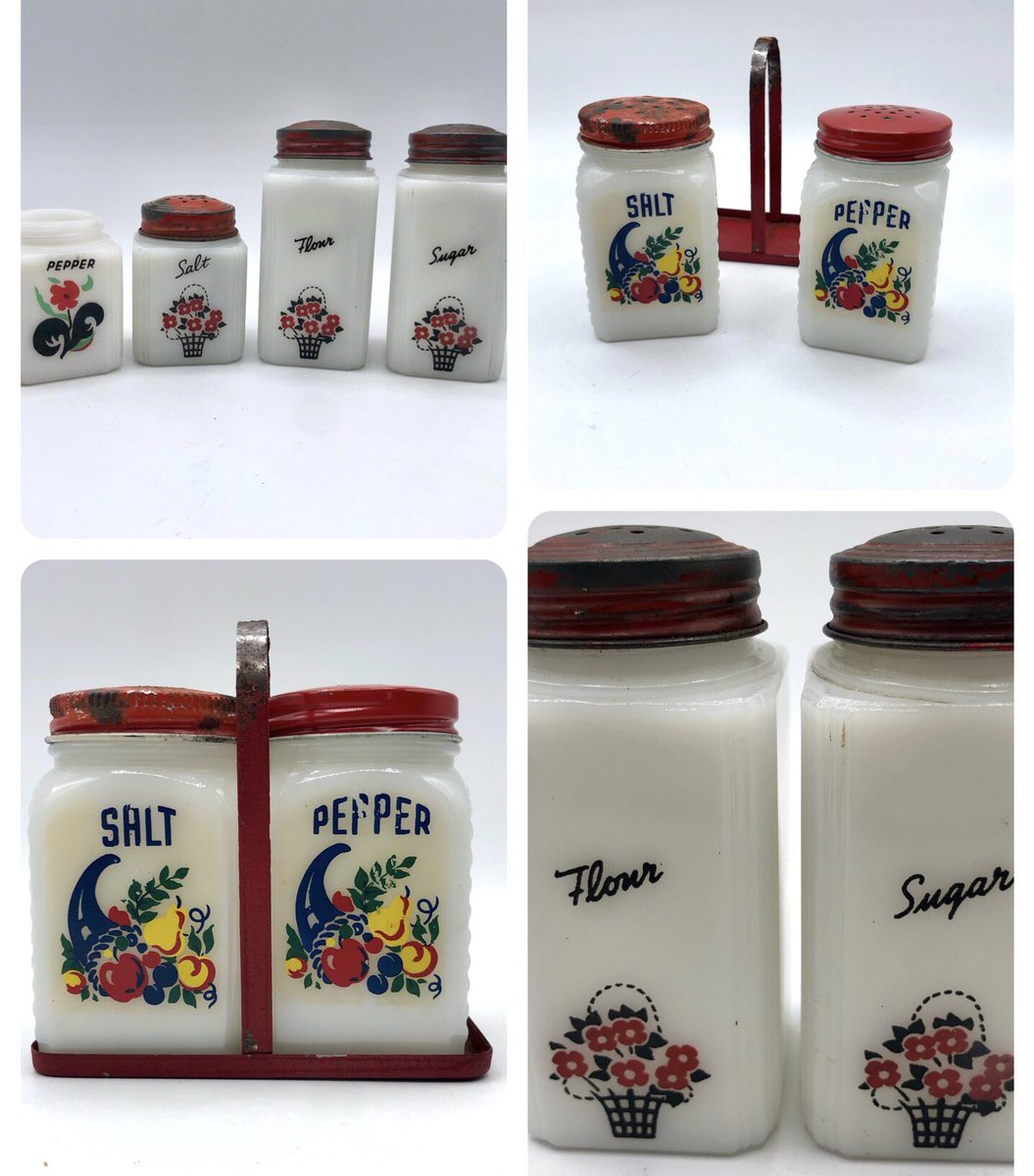beezyandco's tweet photo. McKee & Tipp shakers & range toppers! These milk glass beauties are available on @Etsy @beezyandco link in bio #vintage #milkglass #shakers #salt #pepper #sugar #flour #mckee #tipp #rangetopper #1940s #etsyvintage #wednesdaythought #vintagestyle #kitchendecor #retro #kitchenware https://t.co/pUdlQRtCQJ