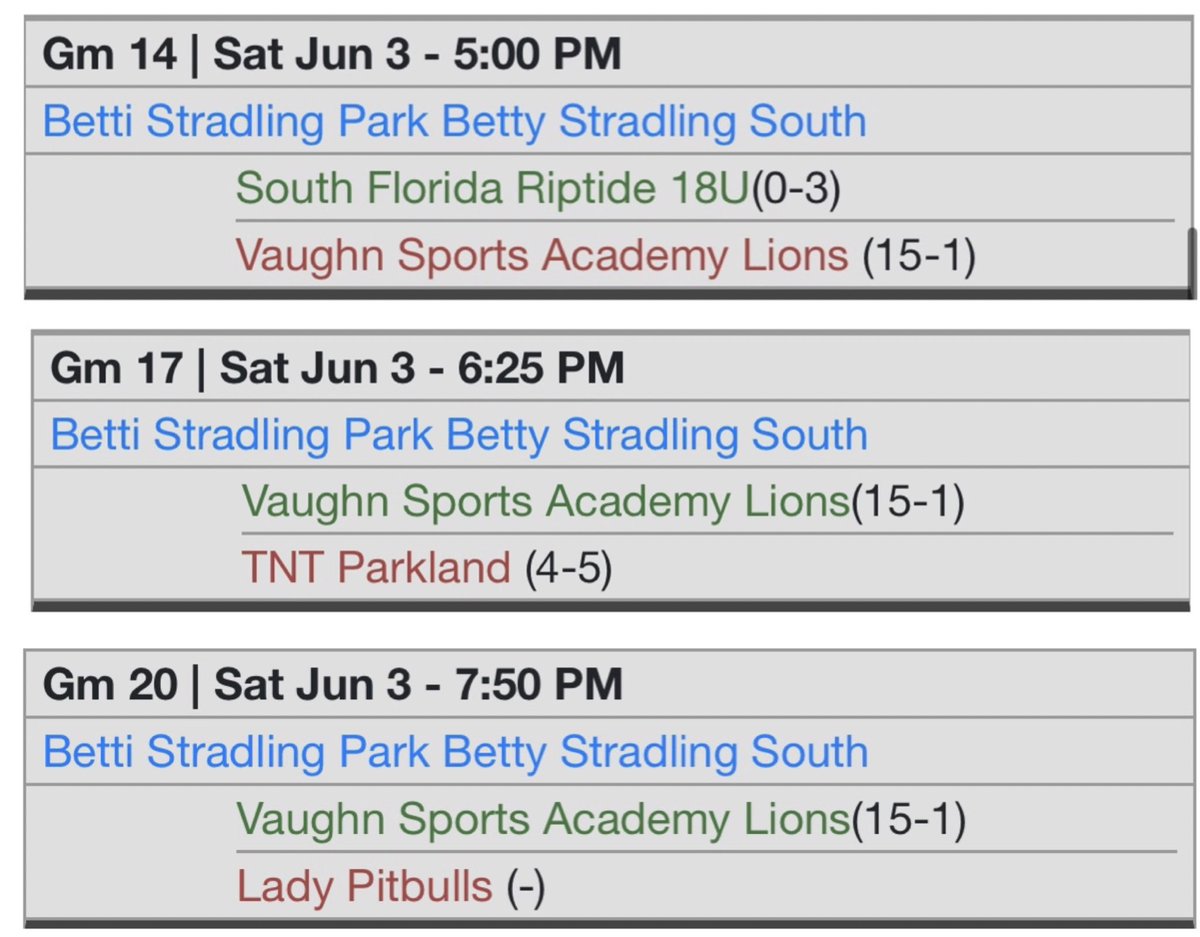 Our schedule for the Coral Springs Ultimate Challenge. Looking forward to another great weekend. <a href="/vaughnsports42/">Vaughn Sports Academy</a> <a href="/CoachMonti0105/">Mark Montimurro</a> <a href="/DiannaMontidoro/">dianna montidoro</a> <a href="/samanthavidal24/">Samantha Vidal</a> <a href="/DaniEbert7/">Dani Ebert</a> <a href="/SarahP1414/">Sarah Phipps</a> <a href="/GraceRawn/">Grace Rawn</a> <a href="/makenzief432/">Makenzie Foster</a> <a href="/kylahhill2024/">Kylah Hill</a> <a href="/Bella_Silva35/">Isabella Silva</a> <a href="/salvinoava1/">Ava Salvino</a> <a href="/mackenz26583632/">Mackenzie wolfe</a>