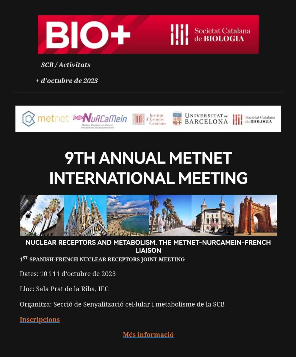 📣 Join us in Barcelona for the Nuclear Receptor+MetNet meeting with fantastic speakers! The 1st NR Spanish, French &amp; MetNet meeting held at the historic IEC-Societat Catalana de Biologia. Inscriptions open! <a href="/nurcamein/">Nurcamein</a> <a href="/SCB_iec/">Societat Catalana de Biologia</a> <a href="/IBUB_UB/">IBUB-UB</a> <a href="/MetNet_Bcn/">MetNet</a>
👉
scb.iec.cat/9th-annual-met…