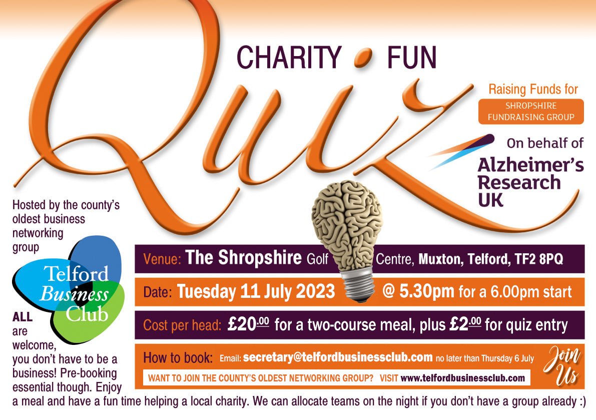Join us on Tuesday 11 July at The Shropshire in Muxton, #Telford for our annual charity quiz night, for Alzheimer's Research UK.

The evening includes a fantastic two-course meal, networking and an open bar! 🍻