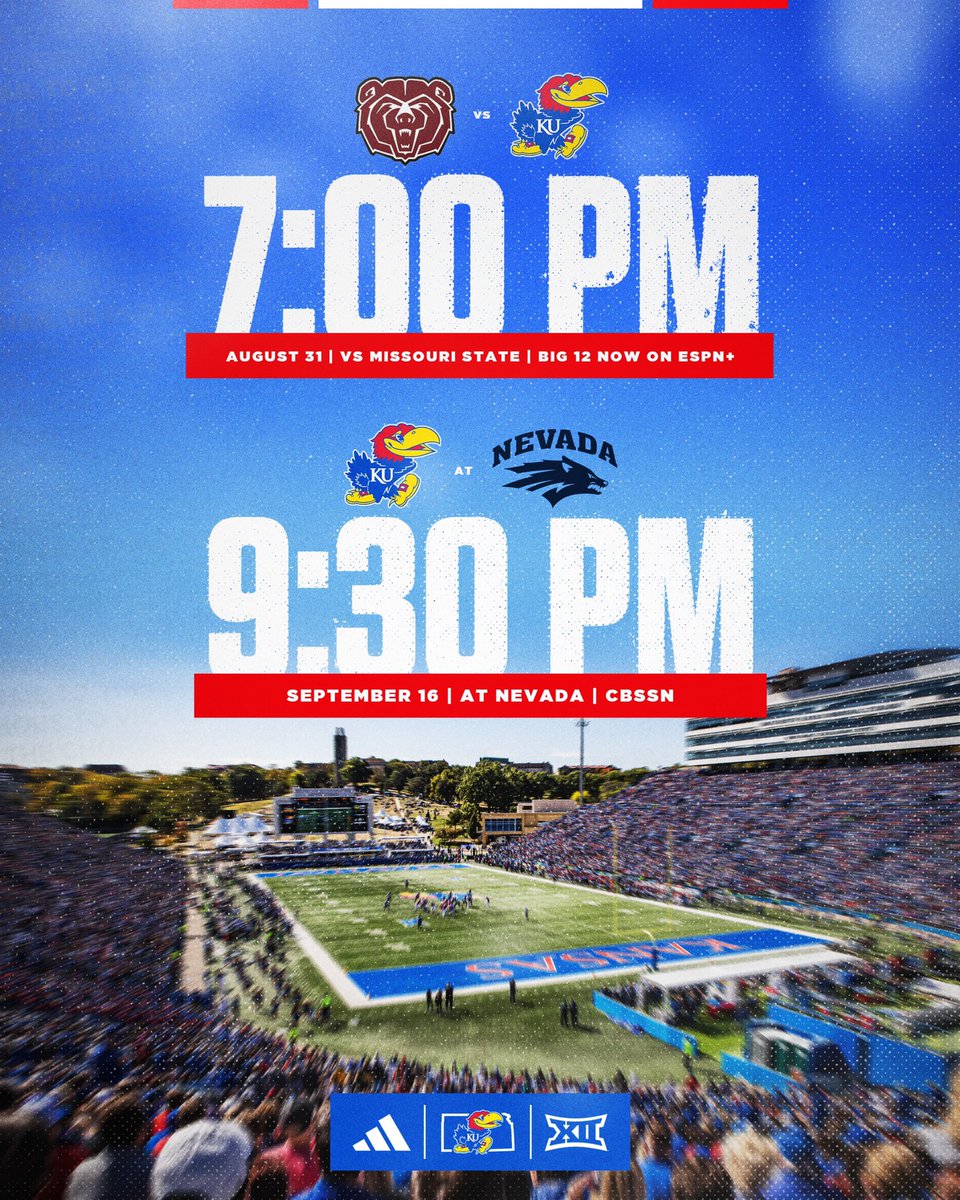 We’ve got game times 🚨

08/31 vs. Missouri State - 7:00 PM on ESPN+

09/16 at Nevada - 9:30 PM on CBS Sports Network

More → bit.ly/KUFBGameTimes