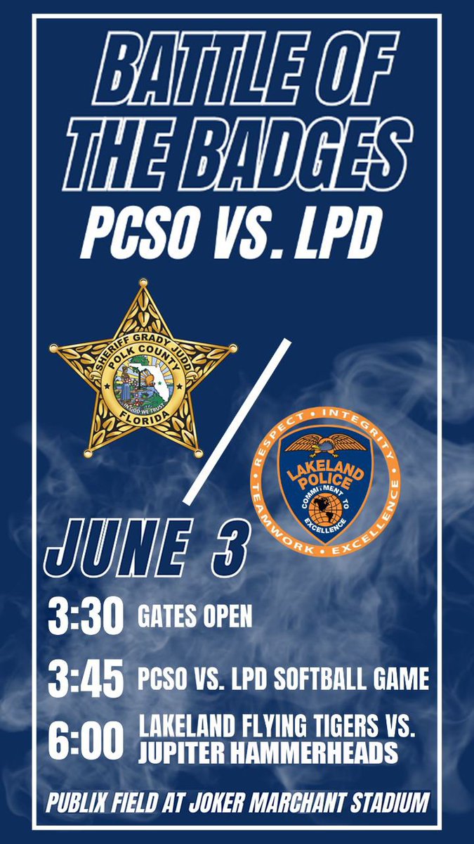 LakelandPD's tweet photo. Come out and support #TeamLPD at Joker Marchant Stadium!
Battle of the Badges: LakelandPD vs. PCSO happens on June 3rd before the Lakeland Flying Tigers vs Jupiter Hammerheads Game at 6PM.
For more info & to get your tickets: https://t.co/Jfl9UUj6X9 https://t.co/VyqiCOFPRo