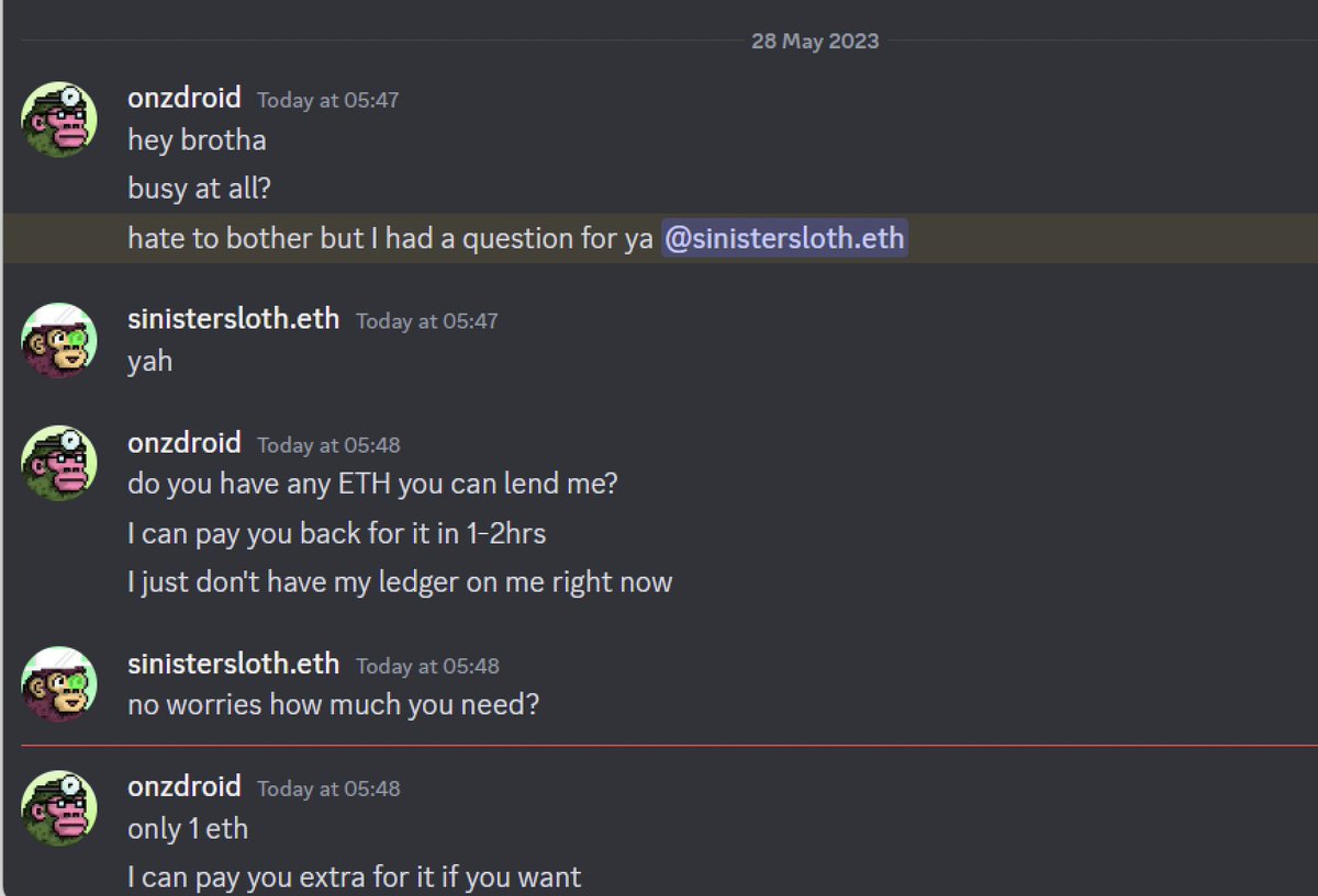 onzdroid's tweet image. Looks like someone is impersonating me on Discord.
I will not be asking you for money on Discord. 
Please do not transfer any money or ETH.
Stay safe! Don't fall for scammers.