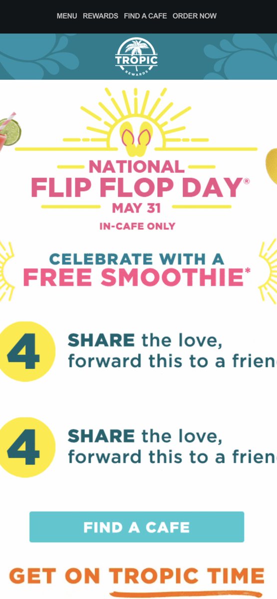 Today is National Flip Flop Day! 

Grab your favorite flip flops &amp; head to Tropical Smoothie Cafe from 2-7pm to celebrate with a FREE* 12 oz. Strawberry Margarita Smoothie. 

In-cafe on 5/31 only. — at Tropical Smoothie Cafe Schertz