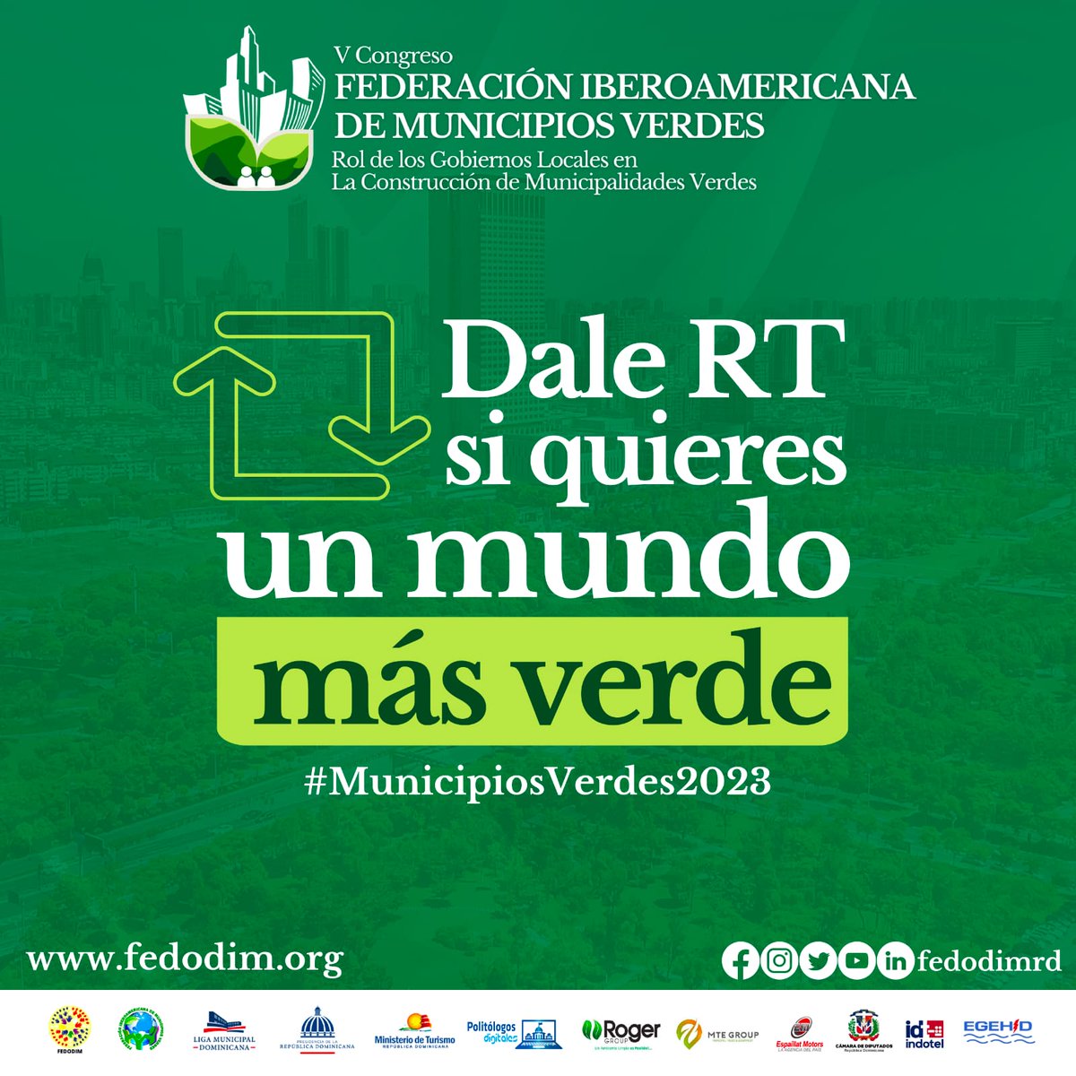 V Congreso de la Federación Iberoamericana de #MunicipiosVerdes2023.🏞💚🌱

Junto a @fedodimrdofi, buscan crear #políticas públicas para los #Gobiernos locales.

Tú también puedes sumarte a este evento con hashtag #MunicipiosVerdes2023 💻
@fedodimrdofi

#MunicipiosVerdes2023