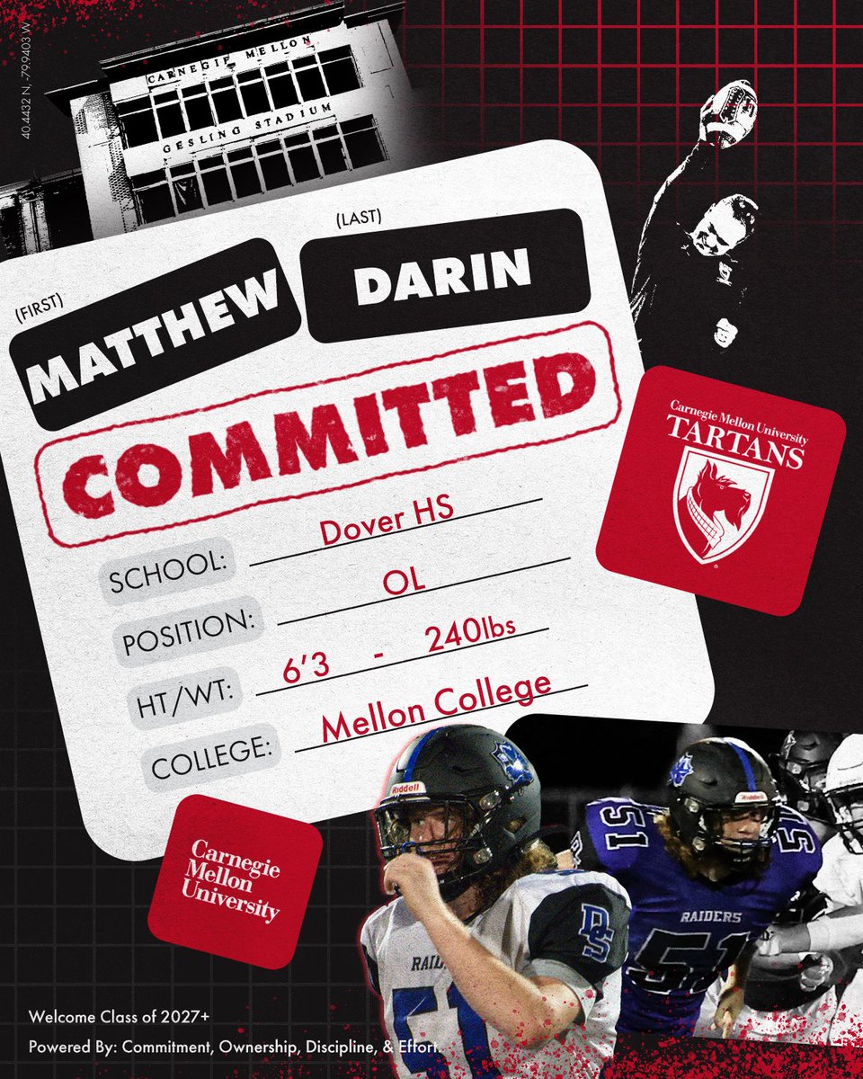 Carnegie Mellon Football (@tartanfb) on Twitter photo ❕❗️🚨#TartanRi23🚨❗️❕
.
.
👤: Matthew Darin
📲: <a href="/matt_darin/">Matt Darin</a>
📚: <a href="/CmuScience/">CMU Mellon College of Science</a>
🏈: OL
🏋️♂️: 6'3, 240lbs
🎥: tinyurl.com/mdarin2023
🏠: <a href="/DSRaidersSports/">DSHS Athletics</a>
📍: Sherborn, MA
.
.
#CODE | #BYB | #RDT ❕❗️🚨#TartanRi23🚨❗️❕
.
.
👤: Matthew Darin
📲: <a href="/matt_darin/">Matt Darin</a>
📚: <a href="/CmuScience/">CMU Mellon College of Science</a>
🏈: OL
🏋️♂️: 6'3, 240lbs
🎥: tinyurl.com/mdarin2023
🏠: <a href="/DSRaidersSports/">DSHS Athletics</a>
📍: Sherborn, MA
.
.
#CODE | #BYB | #RDT