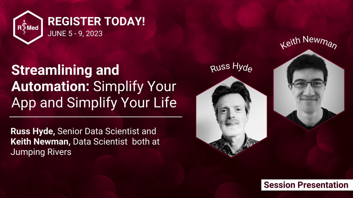 R Medicine (@r_medicine) on Twitter photo 📣 June 8-9 will include session presentations at #RMed2023. Russ Hyde, Senior Data Scientist, and Keith Newman, Data Scientist, both with <a href="/jumping_uk/">Jumping Rivers | @jumpingrivers@fosstodon.org</a>, will be covering “Streamlining and Automation: Simplify Your App and Simplify Your Life.” #Rstas | ➡️ events.linuxfoundation.org/r-medicine/ 📣 June 8-9 will include session presentations at #RMed2023. Russ Hyde, Senior Data Scientist, and Keith Newman, Data Scientist, both with <a href="/jumping_uk/">Jumping Rivers | @jumpingrivers@fosstodon.org</a>, will be covering “Streamlining and Automation: Simplify Your App and Simplify Your Life.” #Rstas | ➡️ events.linuxfoundation.org/r-medicine/