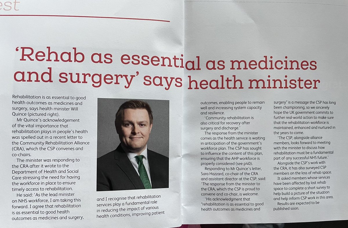 ‘Rehab is as essential to good health as medicines and surgery’ says health minister.  <a href="/thecsp/">Chartered Society of Physiotherapy (CSP)</a> 

Many services have lost rehab space &amp; rehab is rationed due to significant system pressures. This negatively affects patient outcomes.

Rehab needs investment 💷💷💷

#RightToRehab