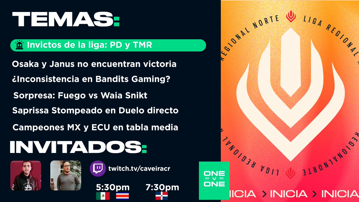 Hoy regresamos oficialmente con programa a las 5:30pm hora CR/MX !

Tendremos un ratito de invitados a @TMRShinku y @PD_Bottas dueños de los equipos invictos hasta ahora. Además del elenco de OneVOne

Nos vemos!
twitch.tv/caveiracr